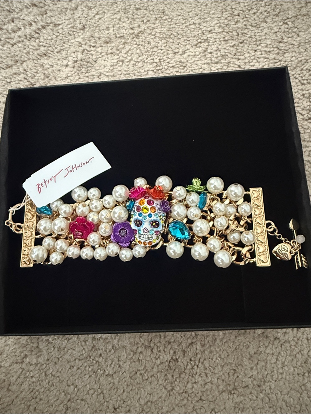 Betsey Johnson Gold-Tone Pearl Bracelet with Multicolor Crystal Sugar Skull